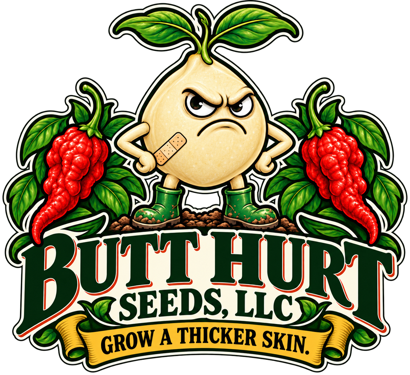 Butt Hurt Seeds company logo featuring the grumpy cream-colored pepper seed