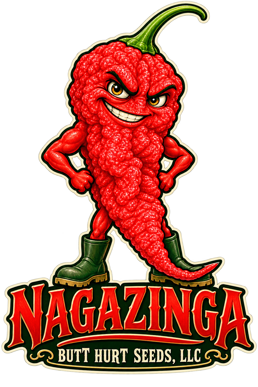 Nagazinga red pepper character with wrinkled skin, a mischievous grin and green gardening boots