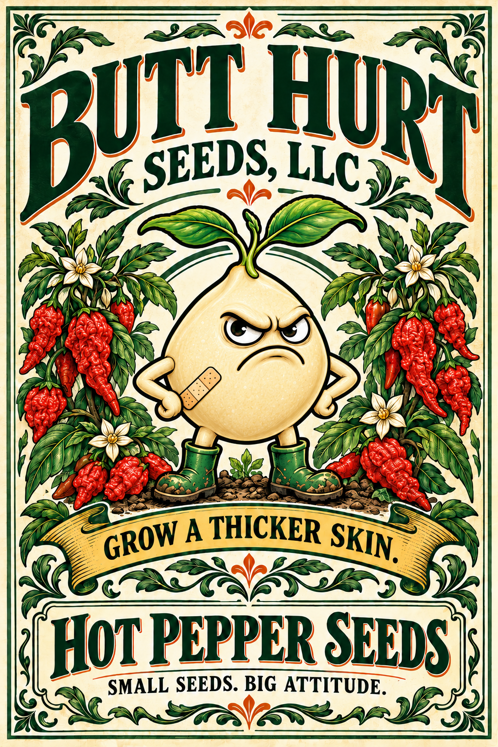 Vintage Butt Hurt Seeds packet artwork with cream seed mascot and wrinkled red peppers